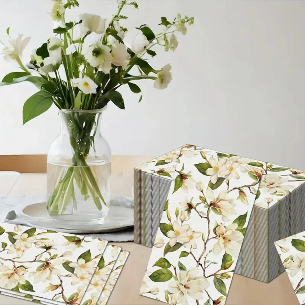 Set of 100 Magnolia Floral Themed Dinner Napkin Guest Towels for Large Party